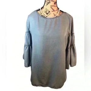 J Jill Denim Chambray Blouse XL Double Bell Sleeves Button Back 3/4 sleeves